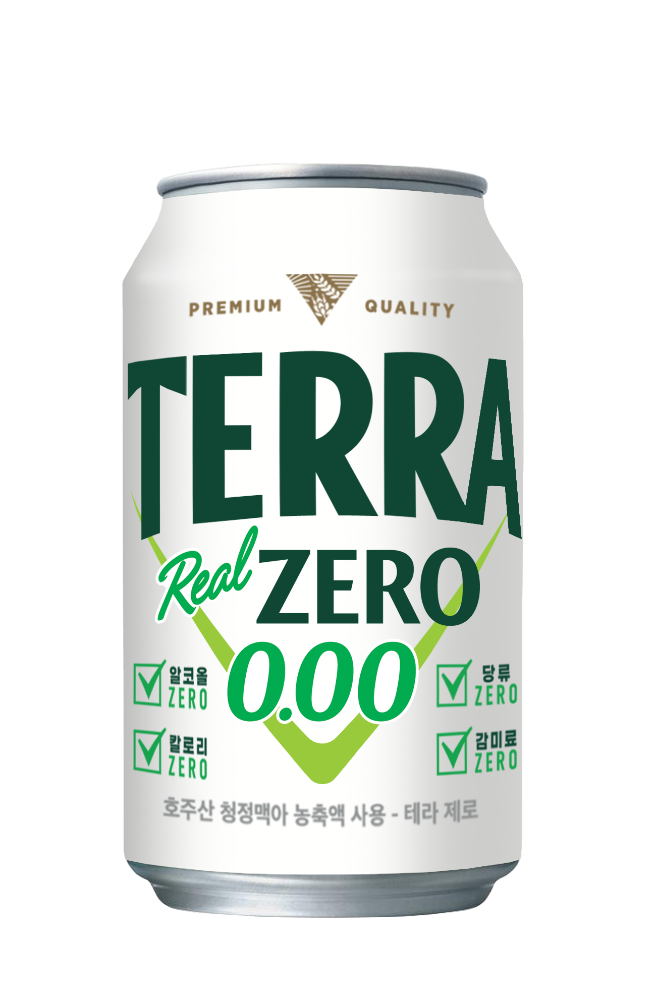 테라 Real Zero 0.00 350mL 캔 패키지 흰색 바탕에 초록색 테라 로고와 Real Zero 0.00 표시가 있는 캔