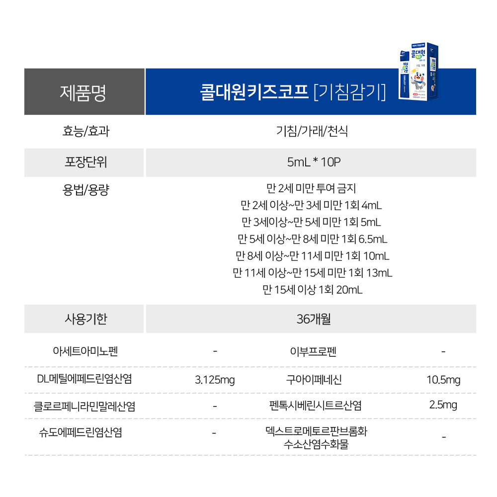 콜대원키즈코프 제품 정보 파란색 콜대원키즈코프 상자와 기침·가래·천식 용도 및 복용 정보