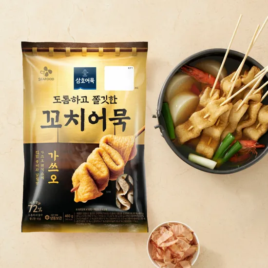 가쓰오 육수와 꼬치어묵 구성의 냉동 조리 제품. 삼호 꼬치어묵 가쓰오 460g 제품 포장
