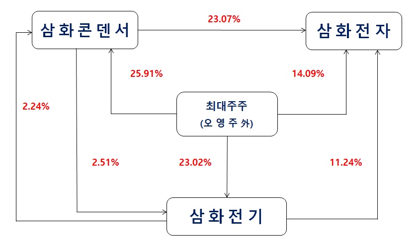 삼화콘덴서그룹 주요 회사와 최대주주 간 지분 관계도 삼화콘덴서·삼화전자·삼화전기와 최대주주의 지분율을 화살표로 표시한 계통도