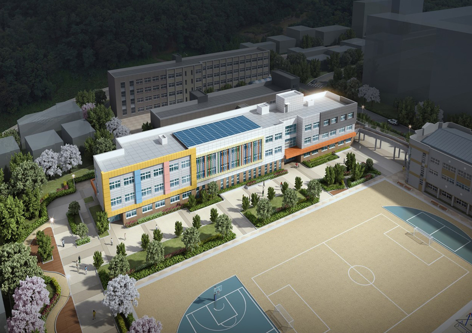 고산초등학교 그린스마트 미래학교 BTL 조감도 운동장과 농구 코트 옆에 태양광 패널 지붕을 갖춘 저층 학교 건물이 보이는 조감도
