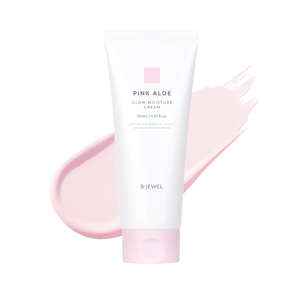 BJEWEL 핑크알로에 글로우 모이스처 크림 150ml 분홍색 뚜껑의 흰색 튜브에 담긴 BJEWEL 핑크알로에 글로우 모이스처 크림 150ml와 분홍색 크림 제형