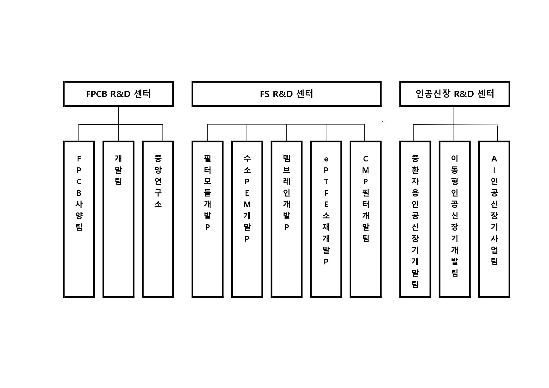FPCB·필터·인공신장 분야로 구성된 연구개발 조직도 FPCB, FS, 인공신장 R&D 센터와 하위 개발팀을 연결한 연구개발 조직도