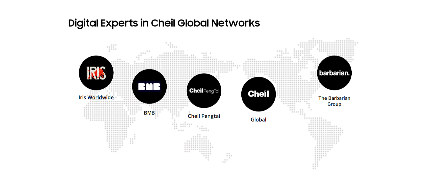Cheil Global Networks의 주요 디지털 전문가 네트워크 세계 지도 위에 Iris Worldwide, BMB, Cheil PengTai, Cheil Global, The Barbarian Group 로고가 배치된 네트워크 도표