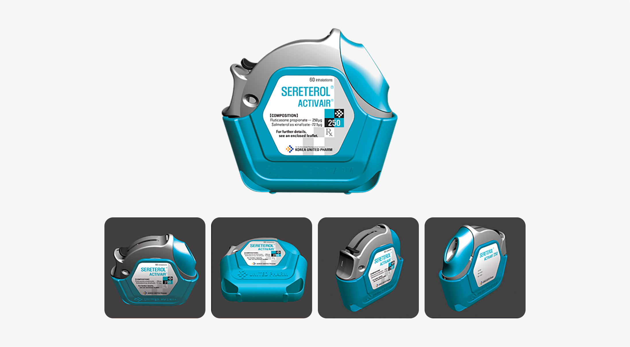 SERETEROL ACTIVAR 흡입기 제품 이미지 청록색과 은색 외장에 SERETEROL ACTIVAR 라벨이 붙은 흡입기와 여러 각도 이미지