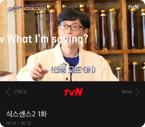 tvN 콘텐츠가 표시된 TVING 시청 화면 tvN 로고와 예능 영상 장면, 프로그램 정보가 표시된 TVING 화면