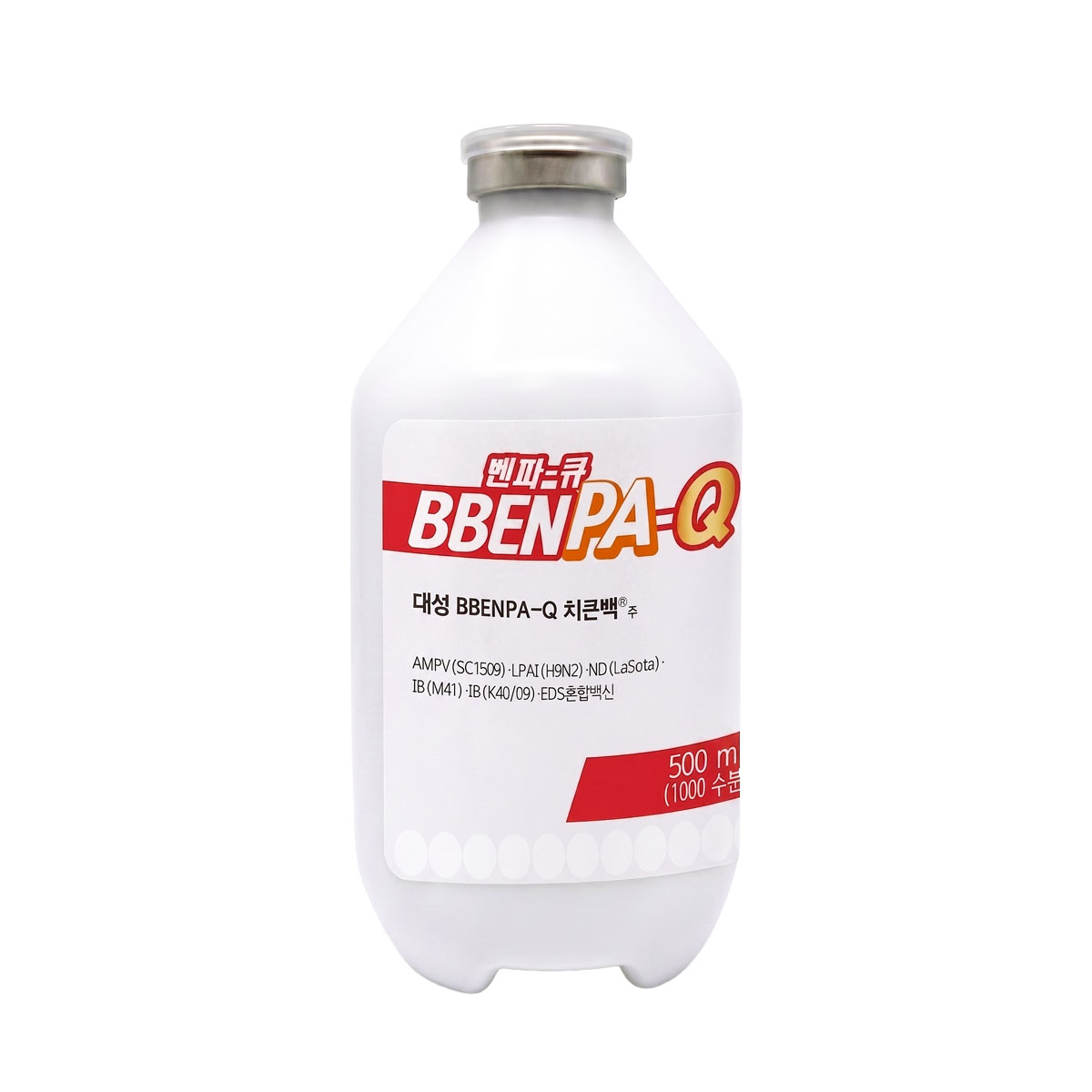 대성 BBENPA-Q 치큰백 500mL 백신 빨간 BBENPA-Q 라벨이 붙은 대성 치큰백 500mL 백신 용기