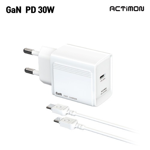 ACTiMON GaN PD 충전기와 USB-C 케이블 흰색 USB-C 포트와 케이블이 달린 ACTiMON GaN PD 충전기