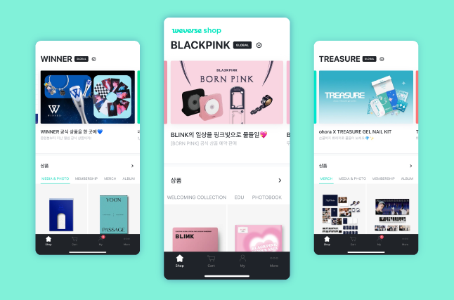 아티스트별 Weverse Shop 모바일 상품 화면 위버스샵의 WINNER, BLACKPINK, TREASURE 상품 페이지가 표시된 모바일 화면