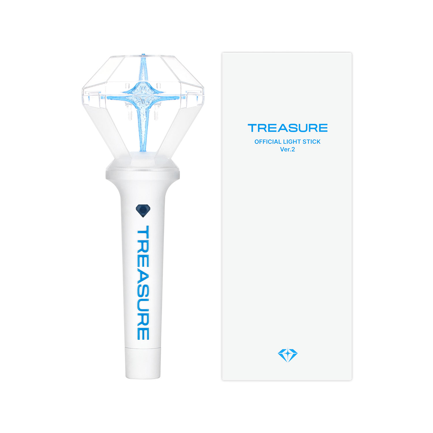 TREASURE OFFICIAL LIGHT STICK Ver.2 제품과 패키지 트레저 공식 응원봉 Ver.2와 흰색 제품 패키지
