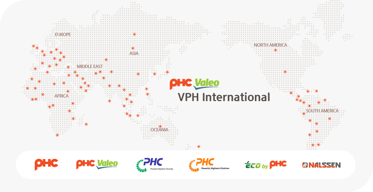 PHC 그룹 글로벌 사업 네트워크 세계 지도 위의 거점 표시와 PHC, PHC Valeo, VPH International 등 관계사 로고