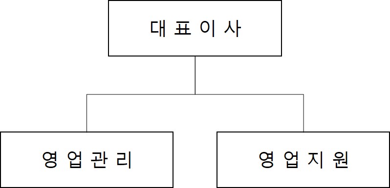 파인디앤씨 판매조직 대표이사 아래 영업관리와 영업지원을 배치한 판매조직도