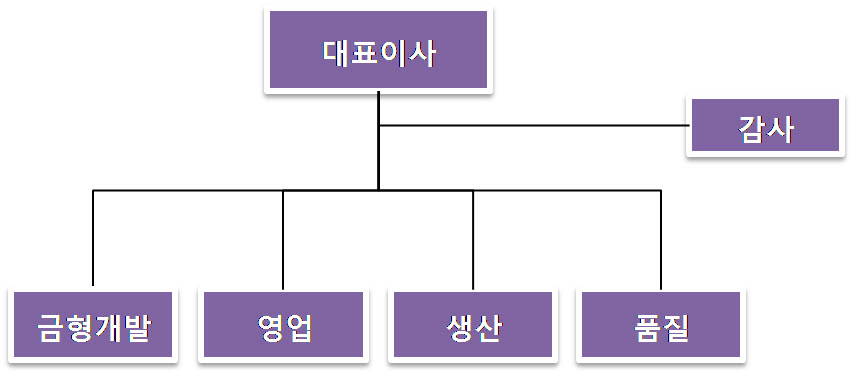 파인디앤씨 조직도 대표이사 아래 금형개발·영업·생산·품질 부서와 감사를 표시한 조직도
