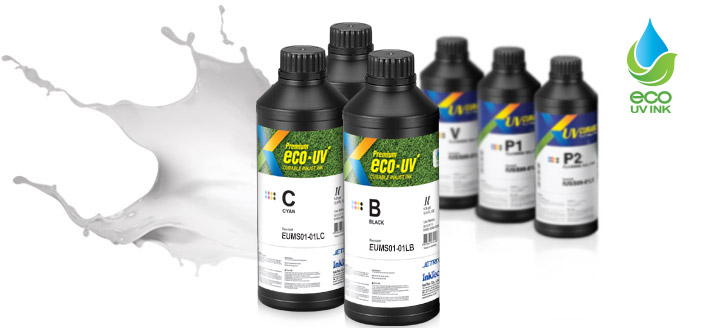 ECO-UV 프린터용 잉크 제품 ECO-UV 라벨이 붙은 검정색 프린터 잉크 병 여러 개