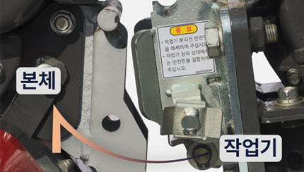 공구 없이 본기와 작업기를 조립하는 퀵 힛칭 시스템 아세아텍 A9 퀵 힛칭 시스템 이미지