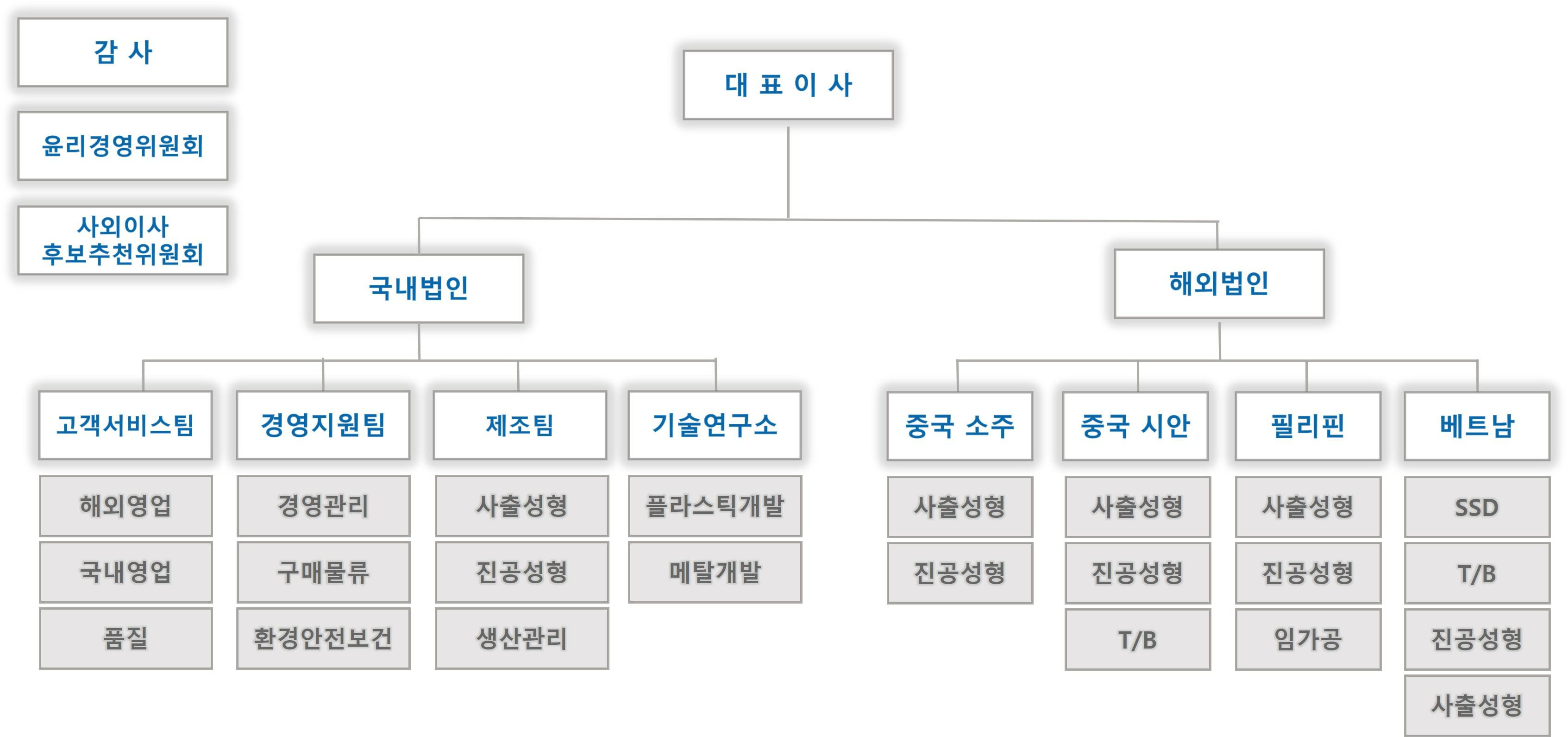 국내 제조·기술연구소와 해외 생산 법인으로 구성된 조직도 국내법인과 해외법인 아래 고객서비스·제조·기술연구소 및 중국·필리핀·베트남 조직을 표시한 조직도