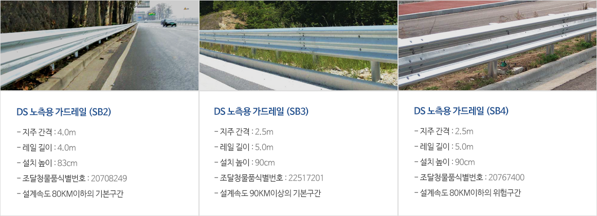 DS 노측용 가드레일 제품 예시 도로 가장자리에 설치된 DS 노측용 가드레일 세 가지