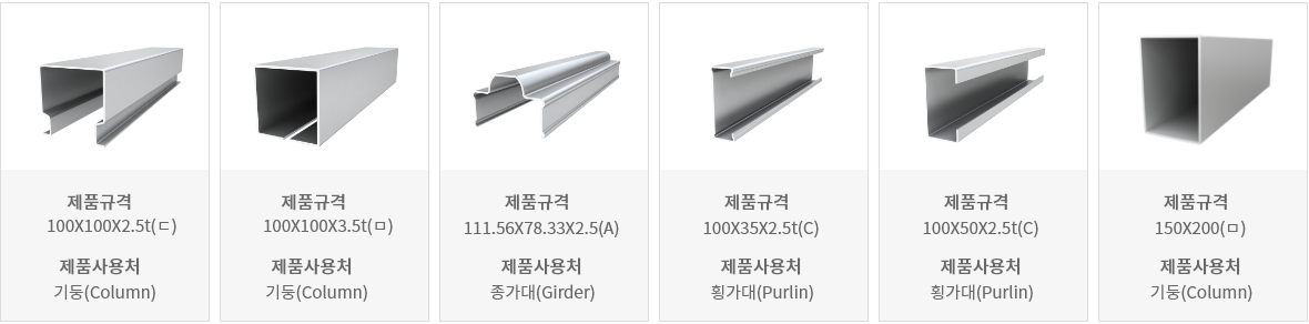 구조물용 금속 프로파일 제품 단면 기둥·중간대·횡가대용 금속 프로파일 여섯 종류의 3D 단면 이미지