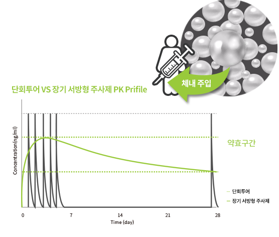 단회 투여와 장기 서방형 주사제 PK 프로파일 비교 단회 투여와 장기 서방형 주사제의 농도 변화를 비교한 PK 프로파일 도식