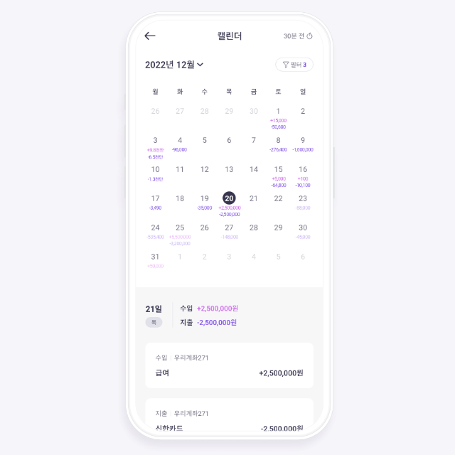 2022년 12월 수입·지출 항목이 표시된 유플래너 모바일 캘린더 화면