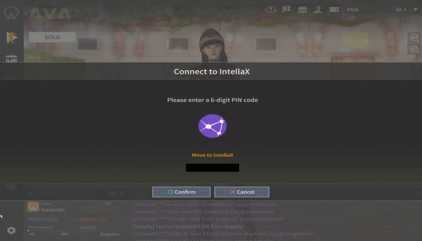 A.V.A Global의 IntellaX 연결 화면 A.V.A 게임 화면 위에 IntellaX 연결을 위한 6자리 PIN 입력 창이 열린 화면