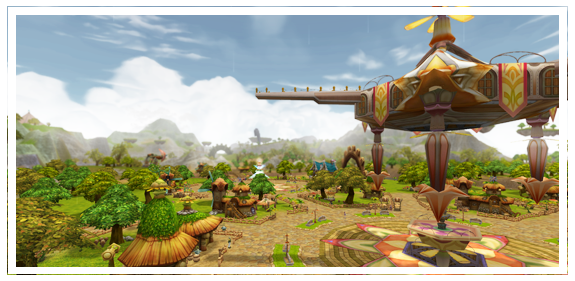 Flyff Universe의 3D 게임 월드 장면 비행선과 마을, 숲이 보이는 Flyff Universe의 밝은 3D 게임 지역