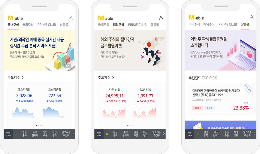 국내외 주식 정보와 상품을 보여주는 KB증권 M-able 앱 M-able 앱의 국내주식·해외주식·상품몰 홈 화면이 나란히 표시된 스마트폰 화면