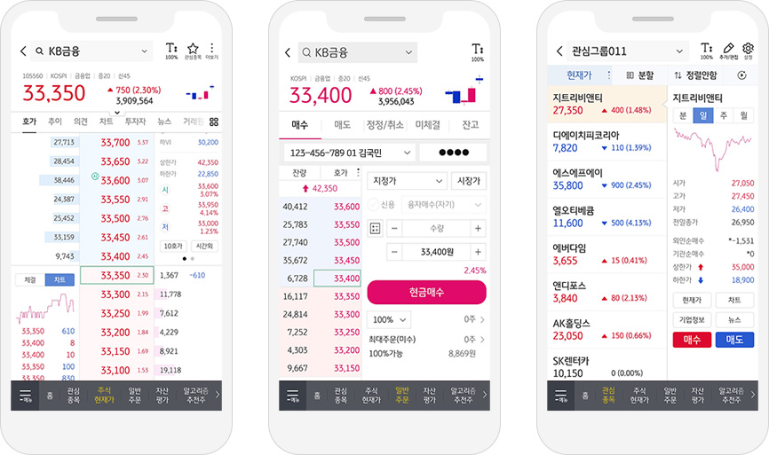 호가 조회와 현금매수 주문 기능을 보여주는 M-able 앱 KB금융 종목의 호가창, 현금매수 주문 화면, 관심종목 화면이 표시된 M-able 앱