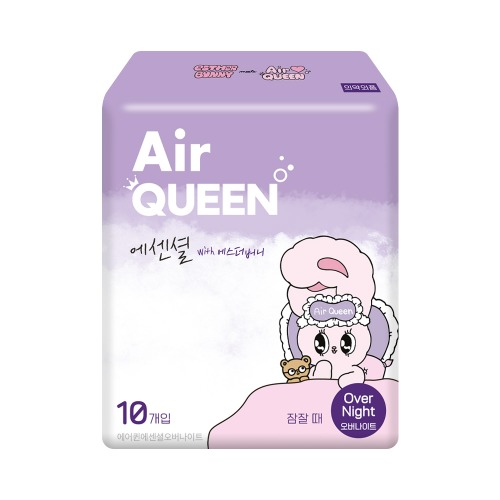 에어퀸 에센셜 오버나이트 생리대 제품 패키지 에어퀸 에센셜 오버나이트 생리대 10개입 보라색 제품 패키지