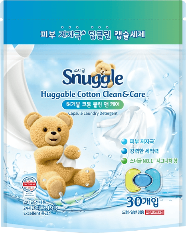 스너글 허거블 코튼 클린 앤 케어 캡슐세제 제품 포장 곰 인형과 파란색·연두색 세제 캡슐이 그려진 스너글 허거블 코튼 클린 앤 케어 포장
