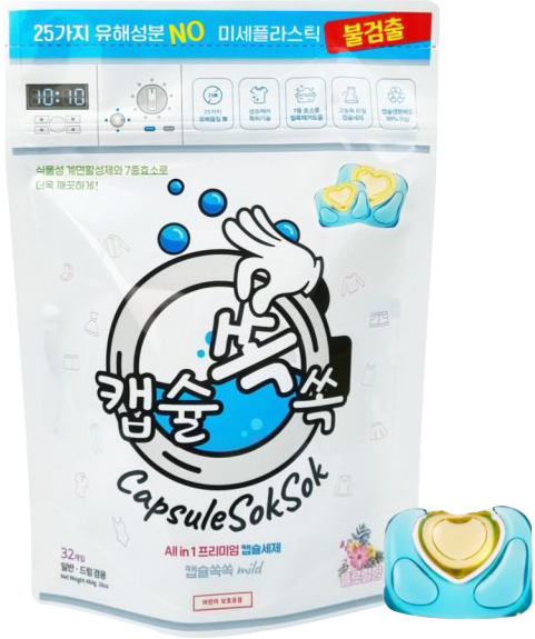캡슐쏙쏙 올인원 프리미엄 캡슐세제 제품 포장 흰색 파우치와 파란색·노란색 세제 캡슐이 보이는 캡슐쏙쏙 제품 포장