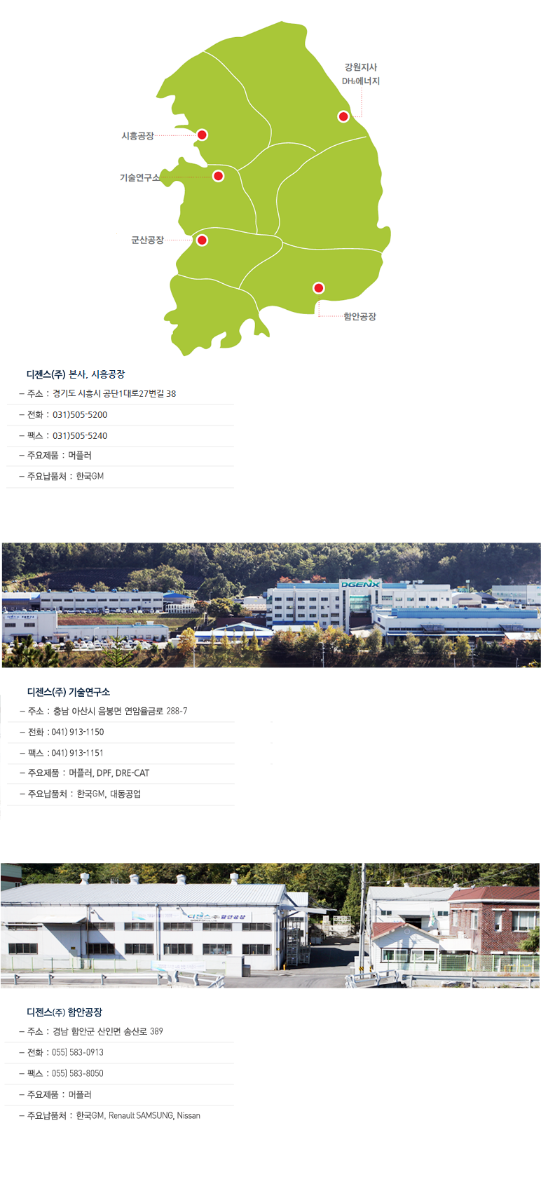 디젠스 국내 사업장과 공장 전경 국내 사업장 위치 지도와 디젠스 시흥공장·기술연구소·함안공장 전경