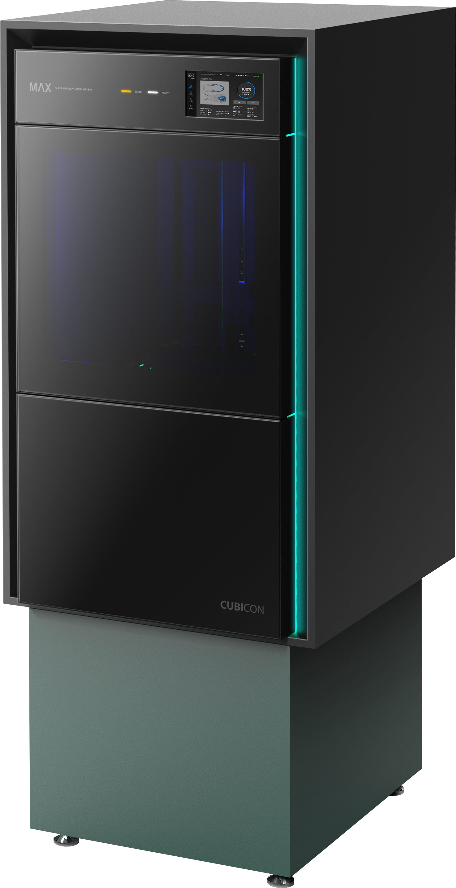 큐비콘 MAX 3D 프린터 검은색 큐비콘 MAX 3D 프린터 본체와 전면 제어 화면