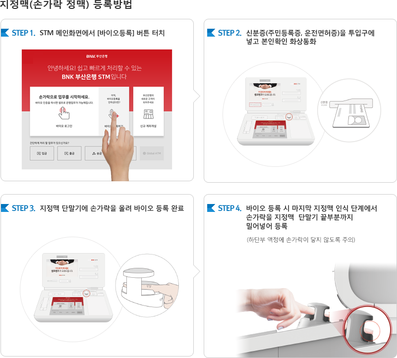 BNK부산은행 STM 지정맥 바이오 등록 절차 STM 화면에서 손가락 정맥 바이오 등록을 진행하는 네 단계 안내