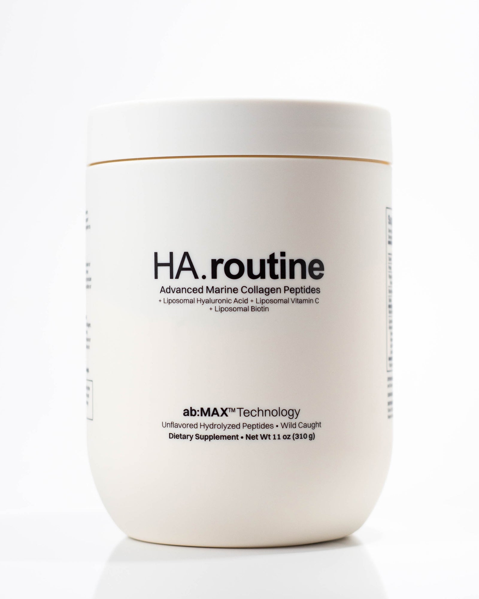 하루틴 어드밴스드 마린 콜라겐 펩타이드 용기 HA.routine Advanced Marine Collagen Peptides라고 적힌 흰색 콜라겐 용기