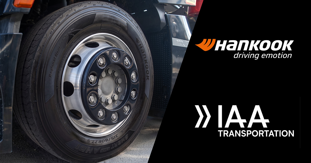 상용차 바퀴에 장착된 한국타이어 제품 이미지 상용차 바퀴에 장착된 타이어와 Hankook 및 IAA Transportation 표기가 있는 이미지
