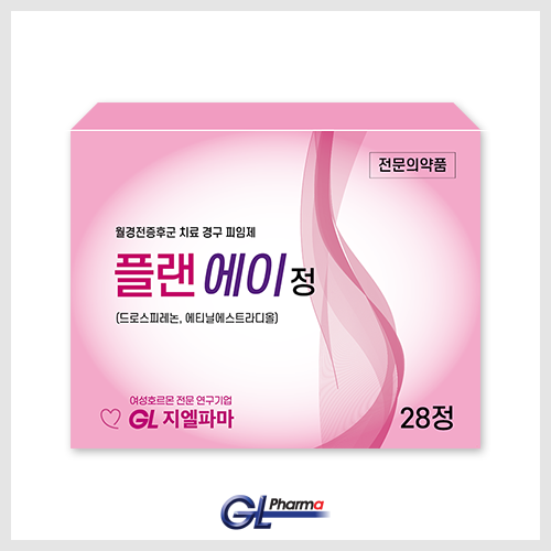 여성호르몬 전문의약품 ‘플랜에이정’ 28정 제품 패키지 지엘파마 플랜에이정 28정 분홍색 제품 상자