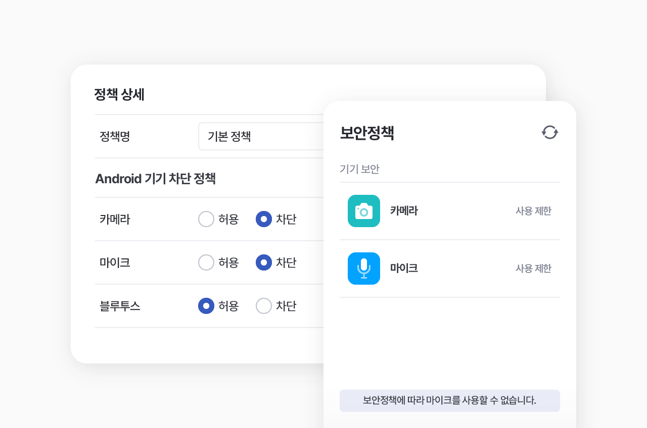 모바일키퍼 기기 기능 차단 정책 화면 카메라, 마이크, 블루투스의 허용 또는 차단 정책과 기기 보안 상태를 보여주는 화면
