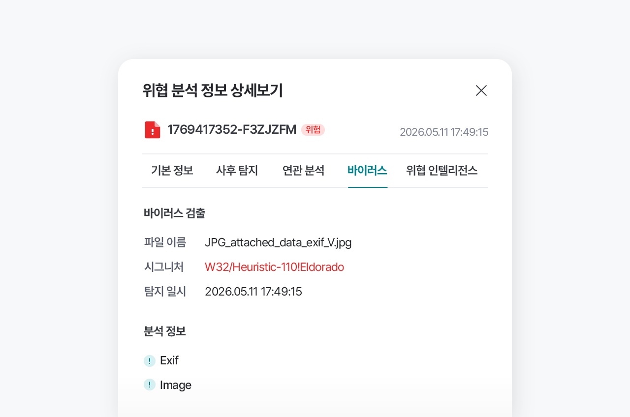새니톡스 바이러스 분석 상세 화면 위험 분석 상세보기 화면에서 바이러스 탭의 파일 이름, 시그니처와 분석 정보를 표시한 화면