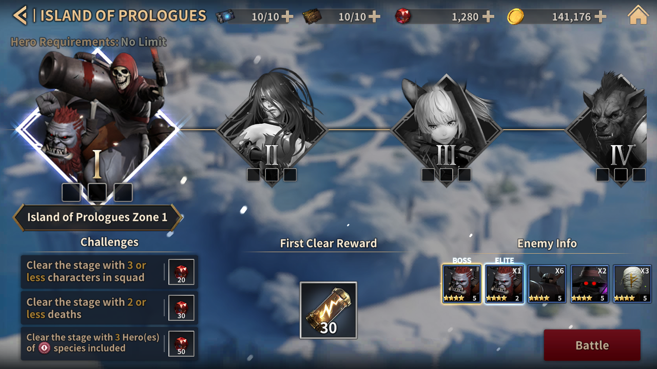 GODS RAID 스테이지 전투 선택 화면 GODS RAID Island of Prologues Zone 1의 도전 과제, 보상, 적 정보와 전투 버튼