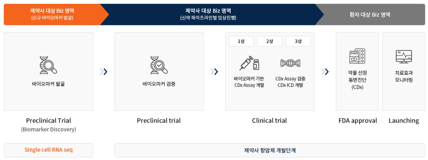 신약 개발 과정에 따른 CDx 사업 내용 바이오마커 발굴부터 동반진단과 치료효과 모니터링까지의 CDx 사업 흐름도