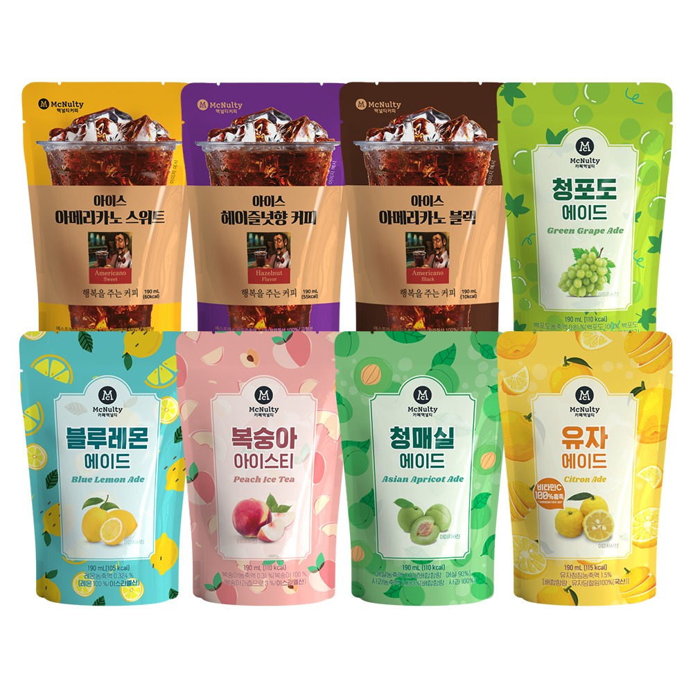 아이스 아메리카노·헤이즐넛향 커피와 과일 에이드·아이스티 파우치 제품 구성