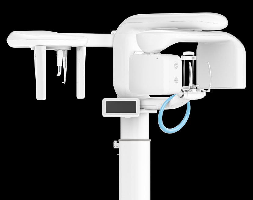 RAYPreMiere 치과용 CBCT 촬영 장비 검은 배경 위에 흰색 치과용 CBCT 촬영 장비가 정면 측면에서 보이는 제품 사진