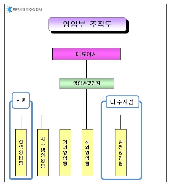 피앤씨테크 영업부 조직도 대표이사와 영업총괄임원 아래 서울 및 나주지점 영업팀이 배치된 영업부 조직도