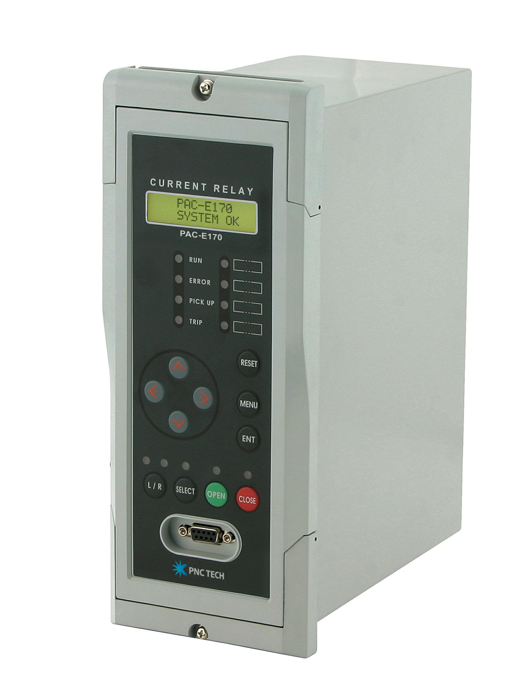 PAC-E170 디지털 보호계전기 PNC TECH 로고가 표시된 PAC-E170 디지털 보호계전기 전면과 본체