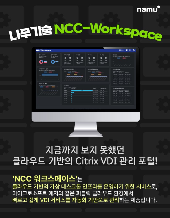 NCC Workspace VDI 관리 포털 화면 NCC Workspace의 가상 데스크톱 관리 지표와 목록이 보이는 모니터 화면