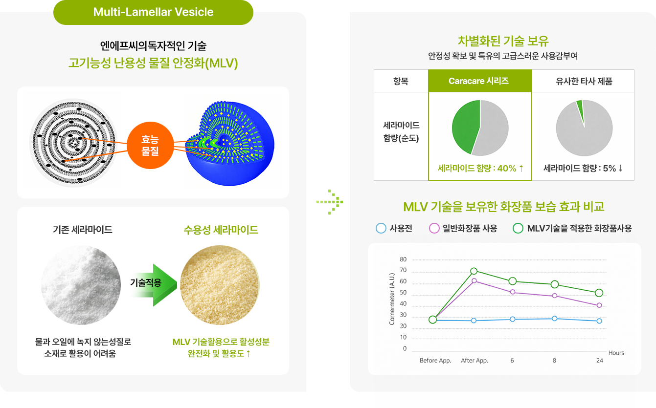 MLV 안정화 기술 설명 도식 MLV의 다층 소포 구조와 수용성 세라마이드 비교, 세라마이드 함량 및 보습 효과 비교 그래프를 담은 기술 도식