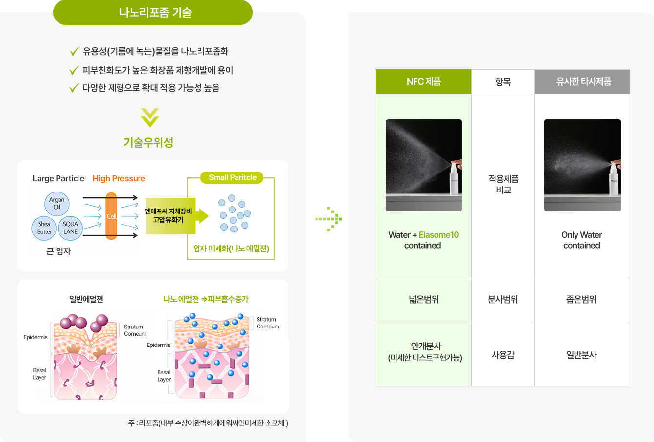 나노리포좀 기술과 적용 제품 비교 나노리포좀화 과정의 입자 미세화와 피부 흡수 비교, 분사 범위 비교를 보여주는 기술 도식
