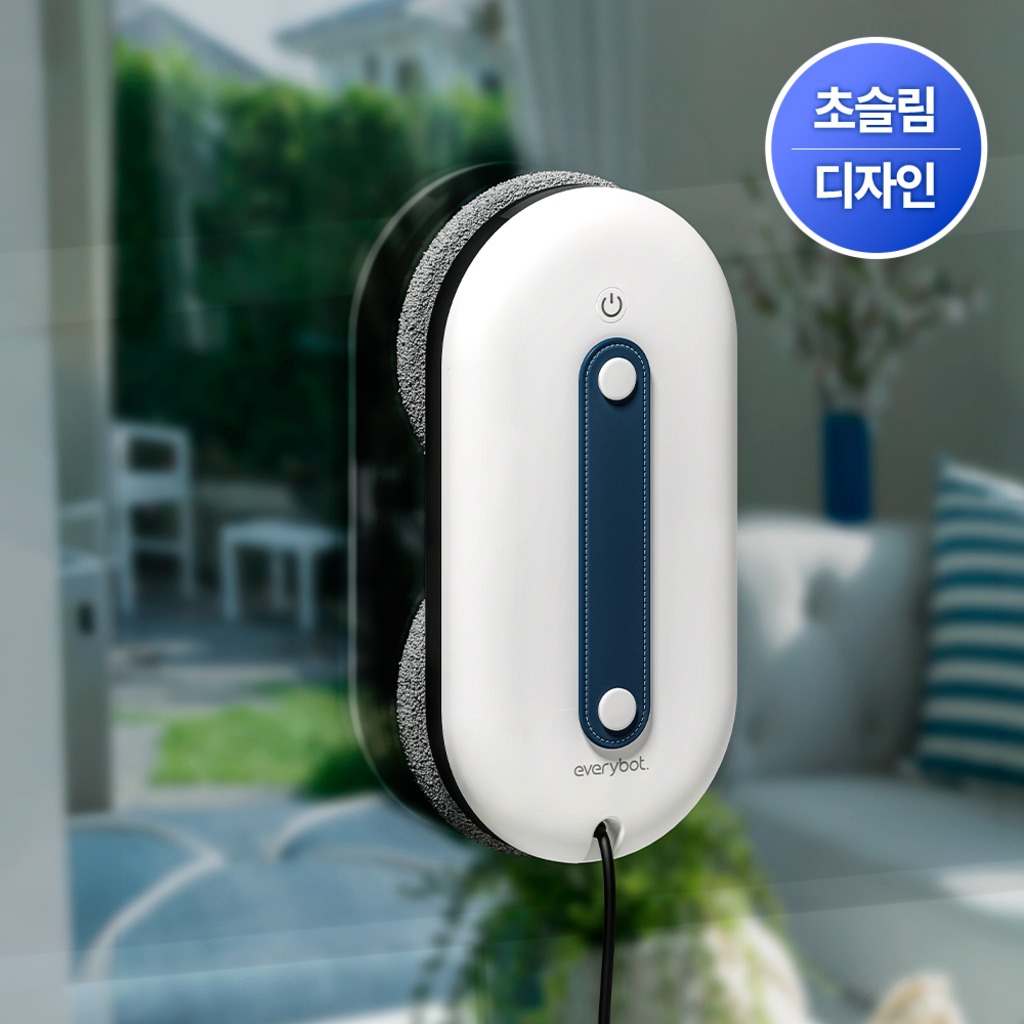 에브리봇 엣지 윈도우2 창문 로봇청소기 유리창에 부착된 흰색과 남색의 창문 로봇청소기