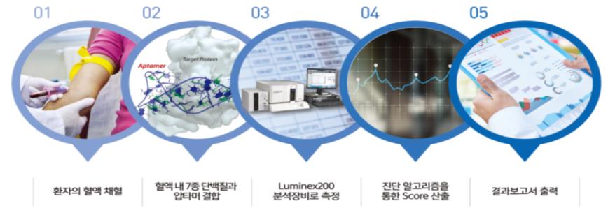 혈액 채취부터 표적 단백질 결합, Luminex 200 측정, 알고리즘 분석, 결과보고서 출력까지의 진단 흐름도